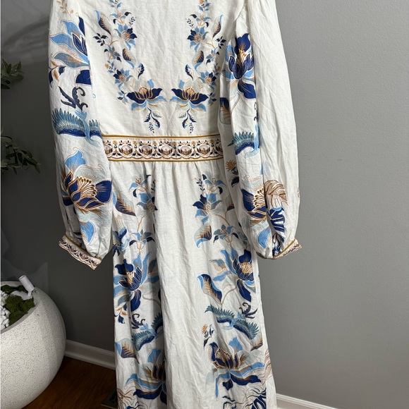 FARMRio Mystic Blue Lotus Placed Print Long Sleeve Linen Blend Maxi Dress - Picture 7 of 9